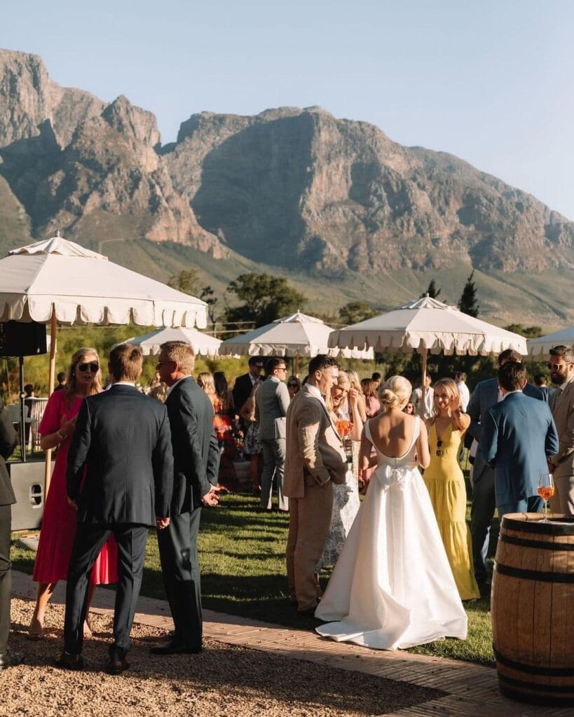 Wedding guests after ceremony enjoy a Boschendal sunny day
