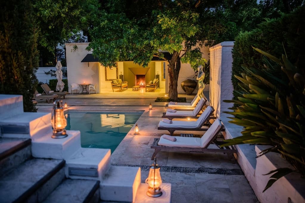 Grande Provence pool and fire place setup